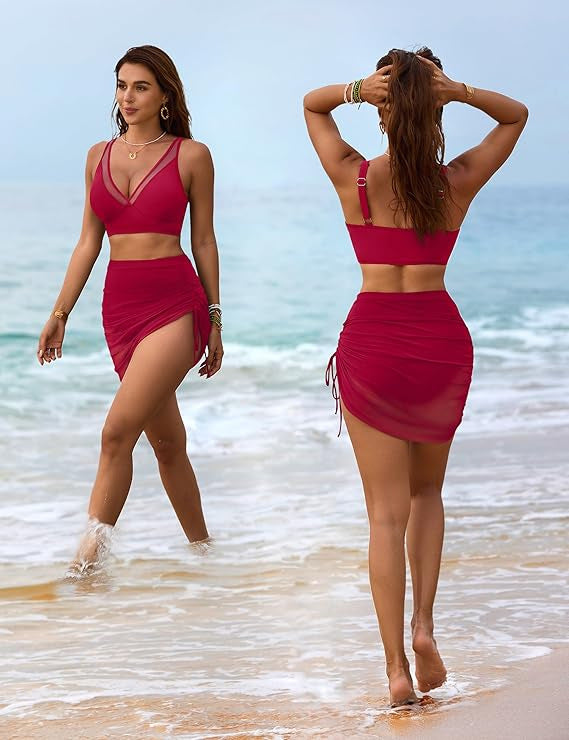 Mesh Sarong Wraps Bathing Suits High Waisted Bikini Sets
