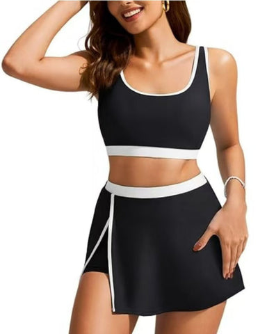 Sporty Color Block Side Slit Skirted Bikini Set