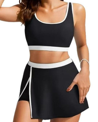 Sporty Color Block Side Slit Skirted Bikini Set