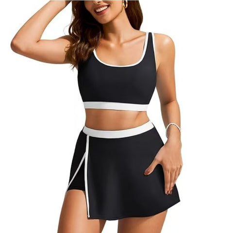 Sporty Color Block Side Slit Skirted Bikini Set