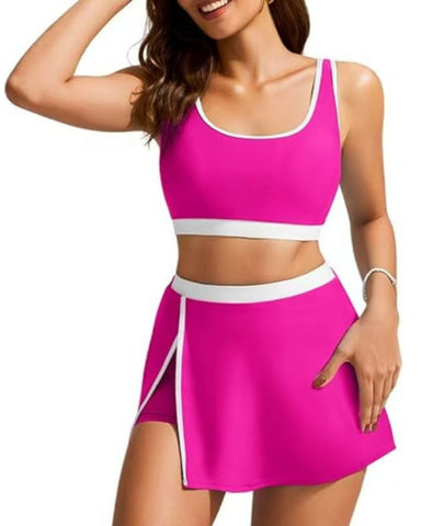 Sporty Color Block Side Slit Skirted Bikini Set