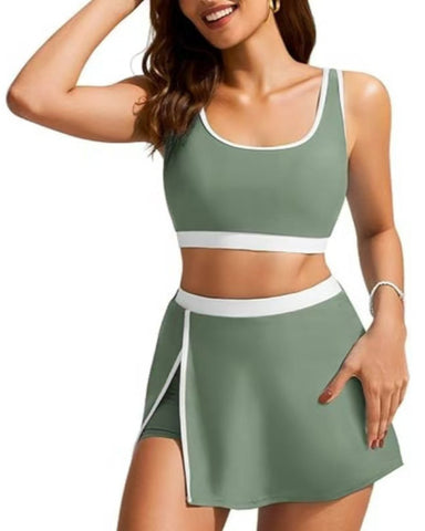 Sporty Color Block Side Slit Skirted Bikini Set