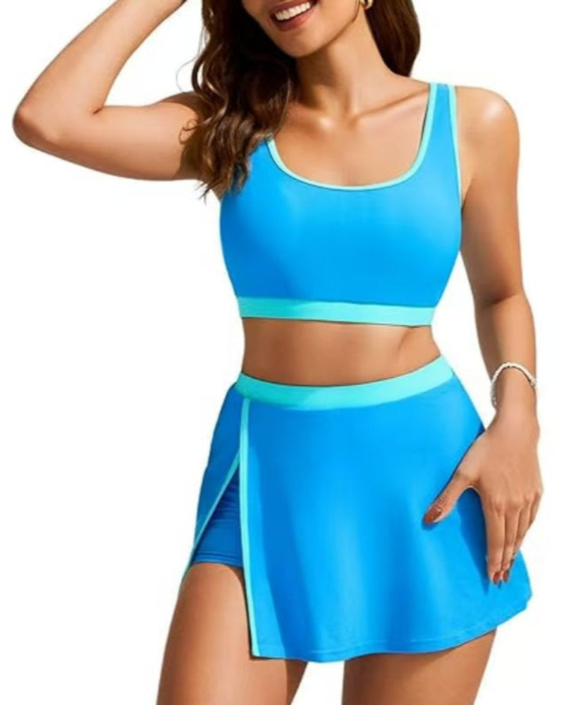 Sporty Color Block Side Slit Skirted Bikini Set