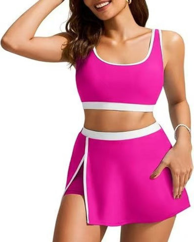 Sporty Color Block Side Slit Skirted Bikini Set