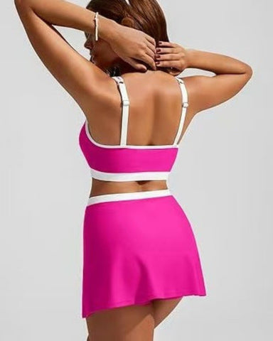 Sporty Color Block Side Slit Skirted Bikini Set