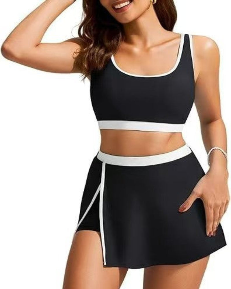 Sporty Color Block Side Slit Skirted Bikini Set