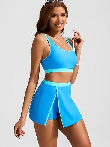 Sporty Color Block Side Slit Skirted Bikini Set