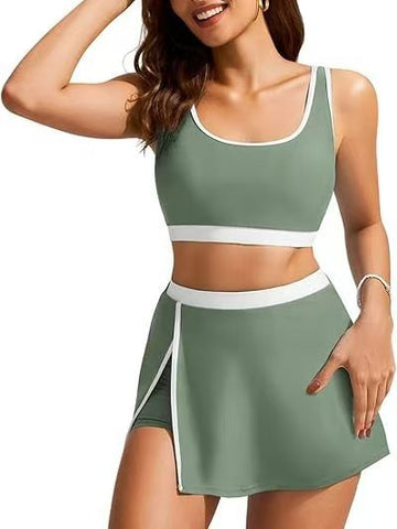 Sporty Color Block Side Slit Skirted Bikini Set