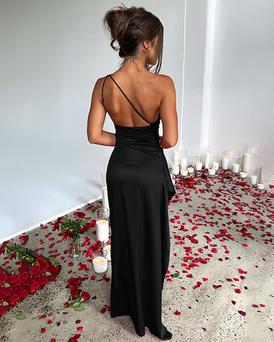 Women's Sexy One Shoulder Satin High Split Cocktail Fit Wedding Party Maxi Formal Dress