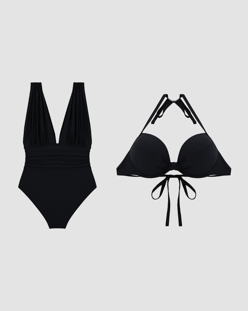 Curvyify Deep Plunge Ruched Swimsuit with Halter Bra Two-Piece Set