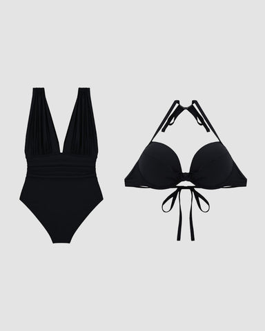 Curvyify Deep Plunge Ruched Swimsuit with Halter Bra Two-Piece Set