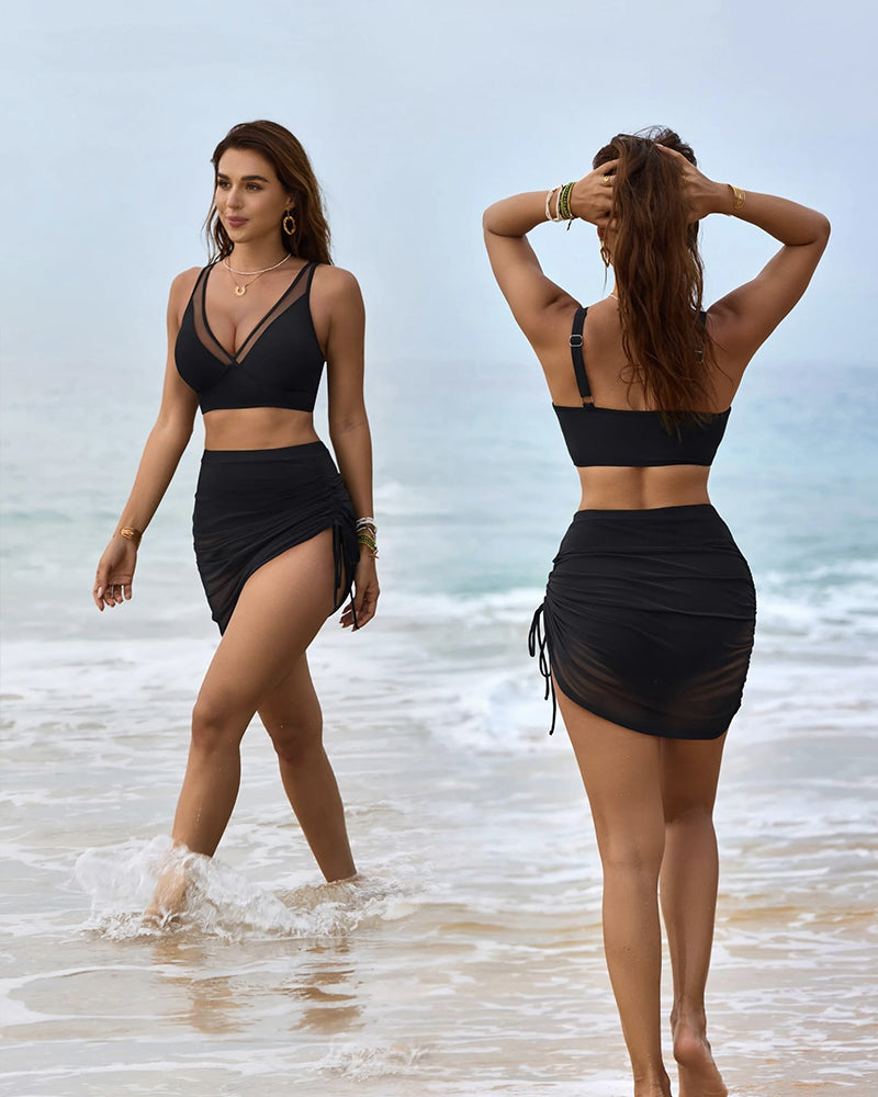 🔥FLASH SALE🔥Mesh High Waisted Tummy Control Sarong Wraps Bikini Set