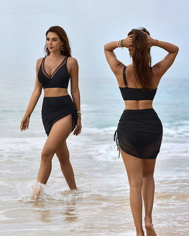 🔥FLASH SALE🔥Mesh High Waisted Tummy Control Sarong Wraps Bikini Set