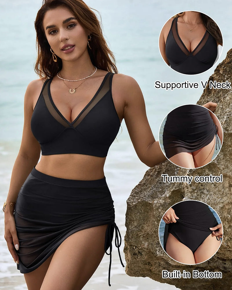 🔥FLASH SALE🔥Mesh High Waisted Tummy Control Sarong Wraps Bikini Set