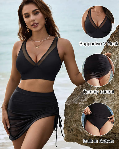 🔥FLASH SALE🔥Mesh High Waisted Tummy Control Sarong Wraps Bikini Set