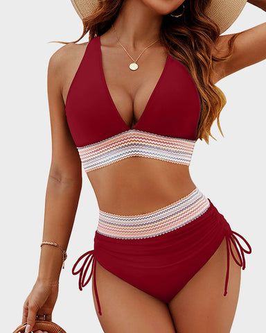 🔥Flash Sale🔥 High Waisted Tummy Control Color Block Bikini Sets