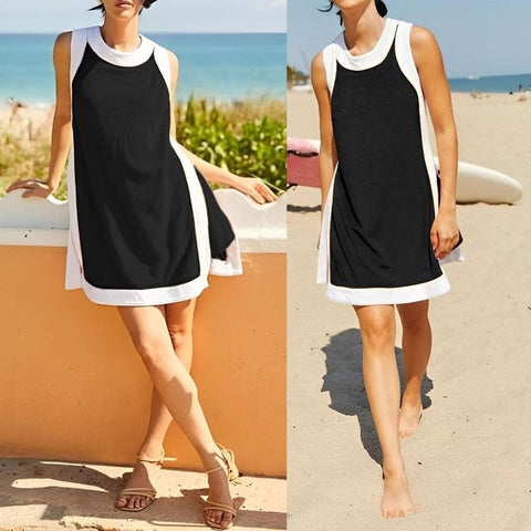 Two Piece Sets Color Block Crewneck Sleeveless Pullover Tops Matching Shorts With Pockets