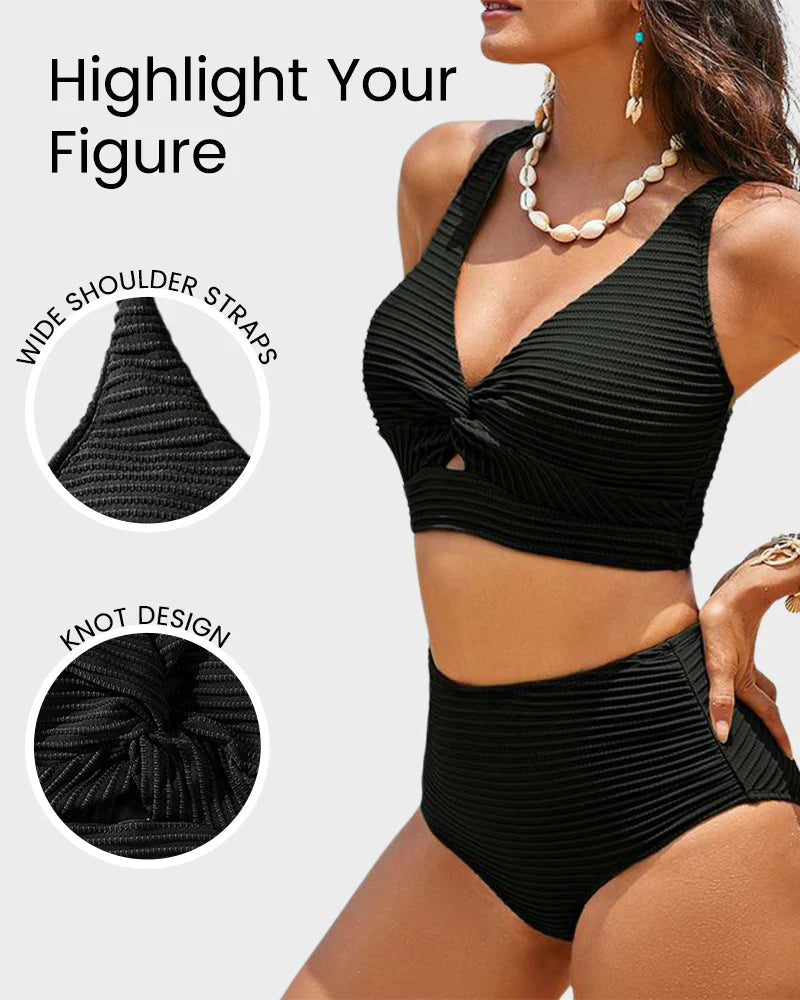 Textured Bikini Set with Twist Front Top & High-Waisted Bottoms
