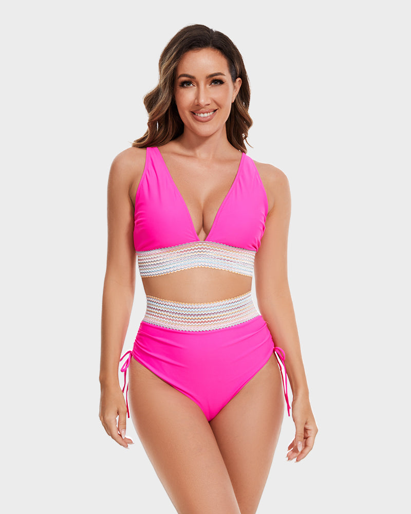 🔥Flash Sale🔥 High Waisted Tummy Control Color Block Bikini Sets