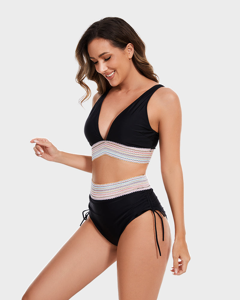 🔥Flash Sale🔥 High Waisted Tummy Control Color Block Bikini Sets