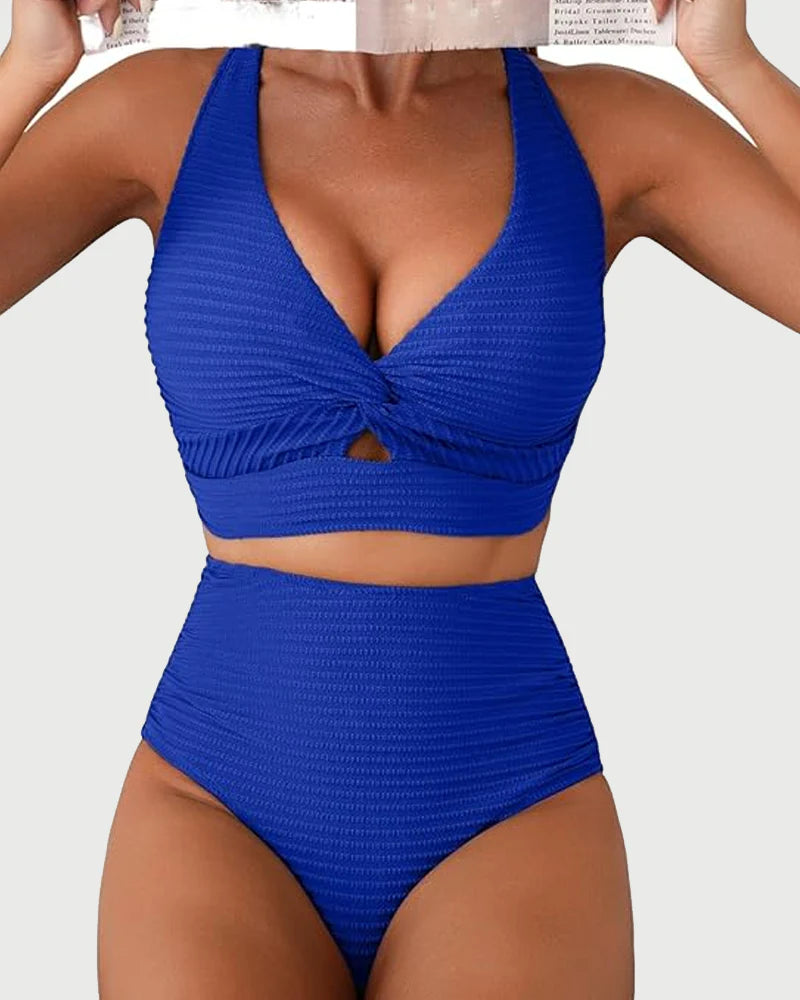 Textured Bikini Set with Twist Front Top & High-Waisted Bottoms